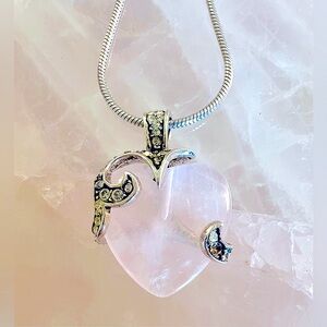 DAINTY 925 Sterling Silver Rose Quartz Heart Pendant with CZ Accents, pre-loved